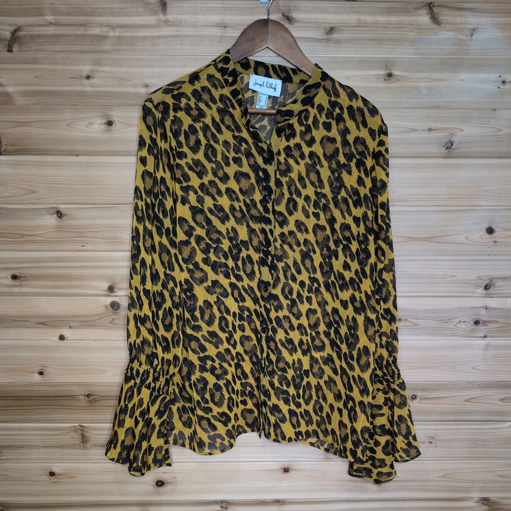 Joseph Ribkoff Leopard Print Metallic Sheer Blouse Bell Cuff Gold Womens 16